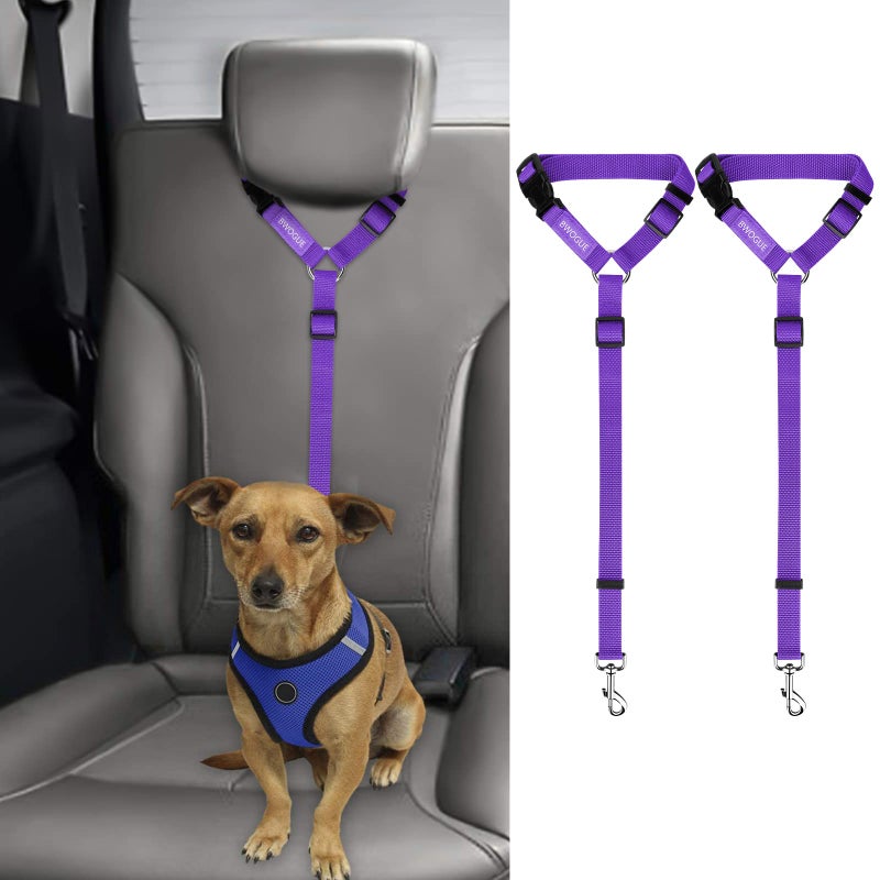 BWOGUE 2 Packs Dog Cat Safety Seat Belt Strap Car Headrest Restraint Adjustable Nylon Fabric Dog Restraints Vehicle Seatbelts Harness Purple - Image 1